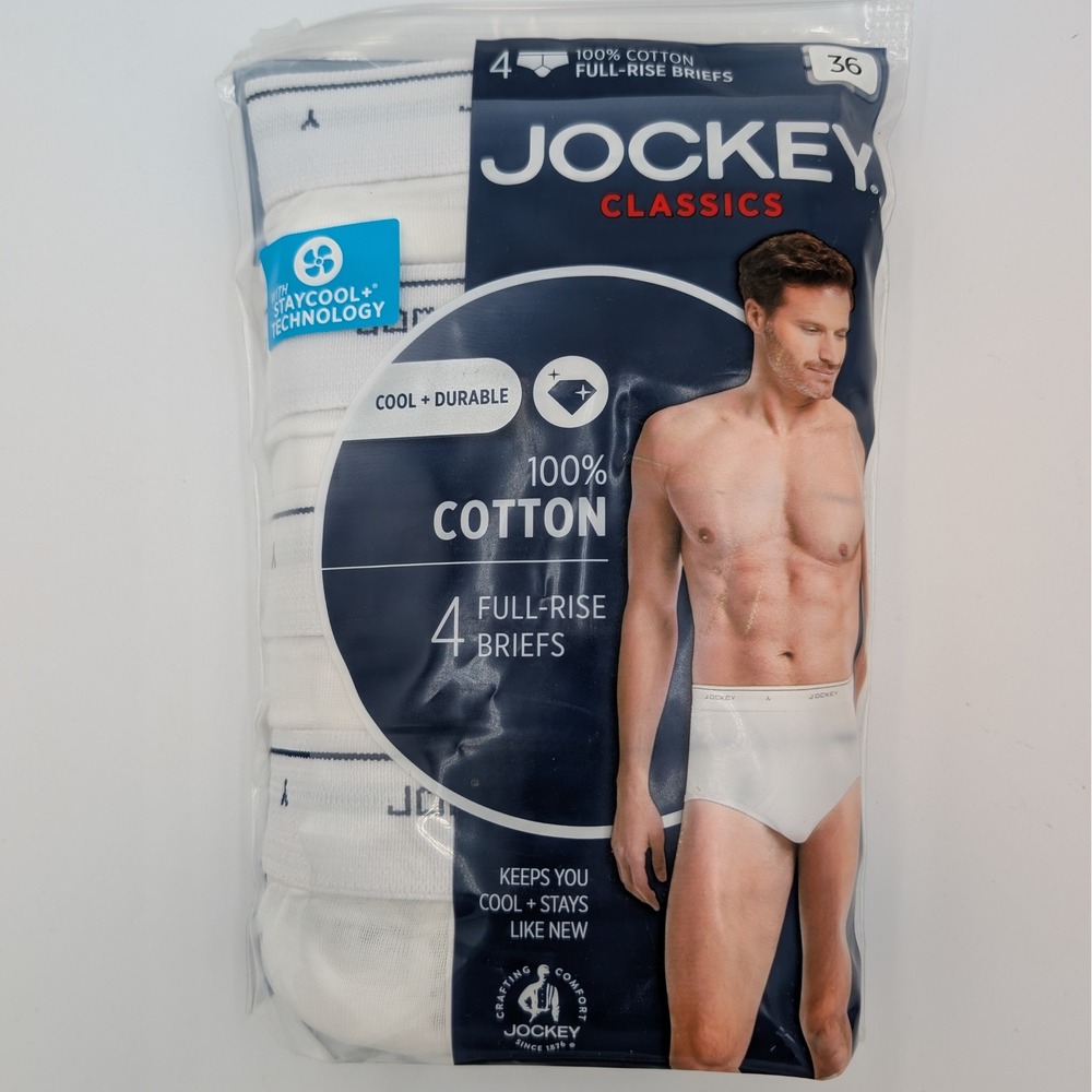 Jockey Classics Mens 4 Pack Full Rise Briefs White Cotton Size 36 Style 9965